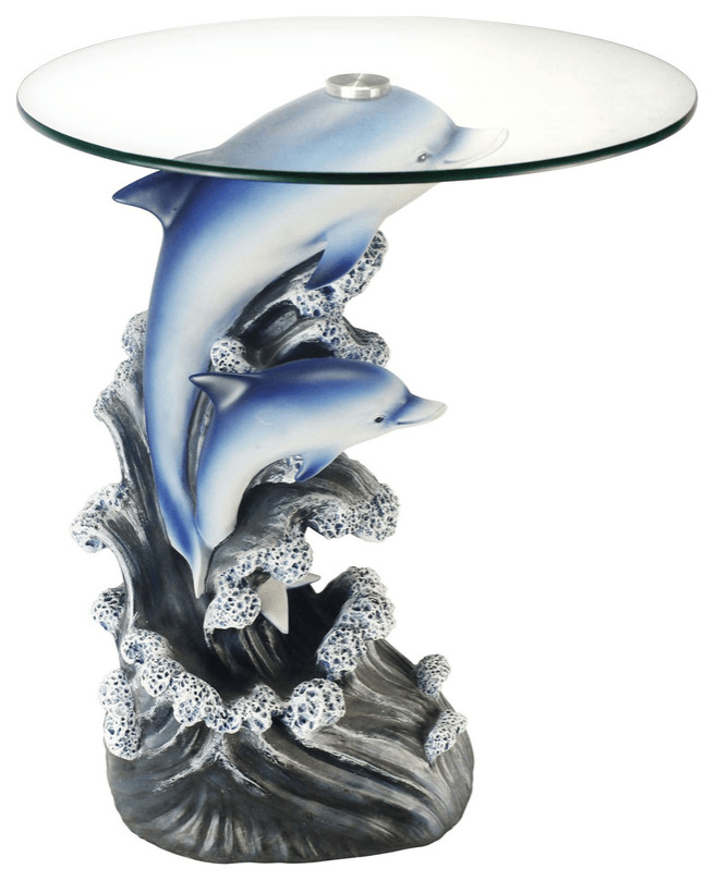 24" Blue And Clear Glass Polyresin Dolphins Round End Table Beach