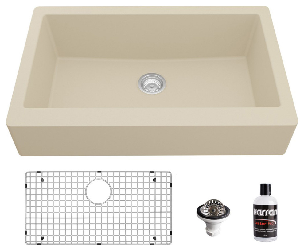 Karran Retrofit Farmhouse Quartz 34" Single Bowl Sink Kit, Bisque