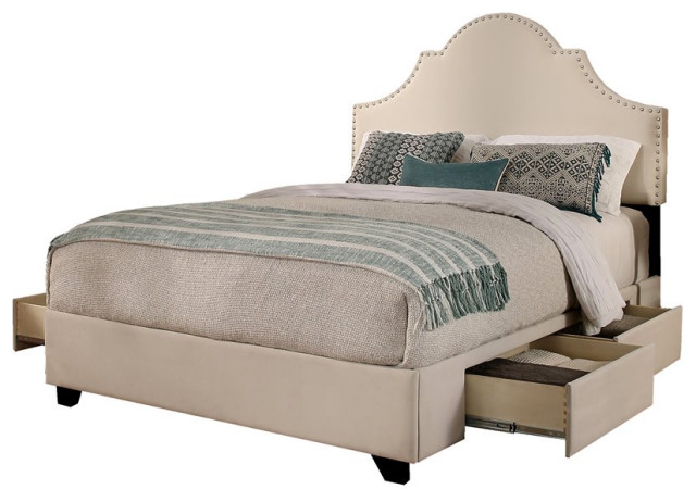 Portman Fabric Upholstered "Steel-Core" Platform King Bed/4-Drawers Ivory
