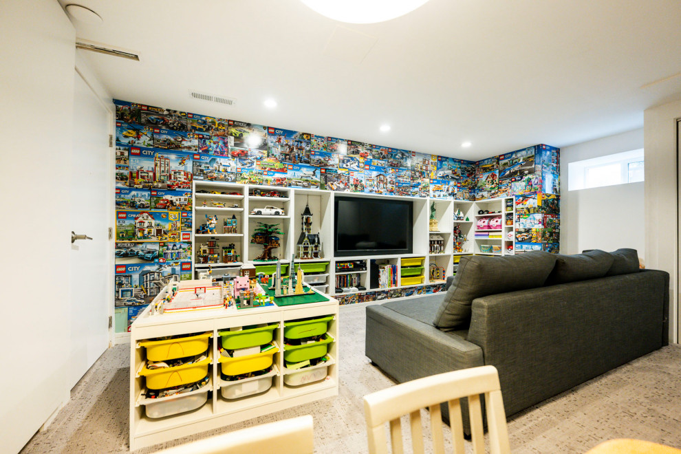 Inspiration for a small modern fully buried basement in Chicago with a game room, multi-coloured walls, carpet, no fireplace, grey floors and wallpapered walls.