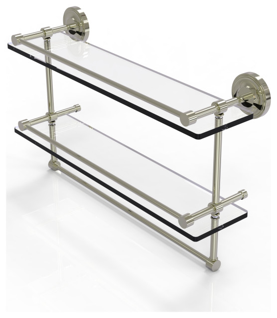 16" Gallery Double Glass Shelf With Towel Bar, Antique Brass