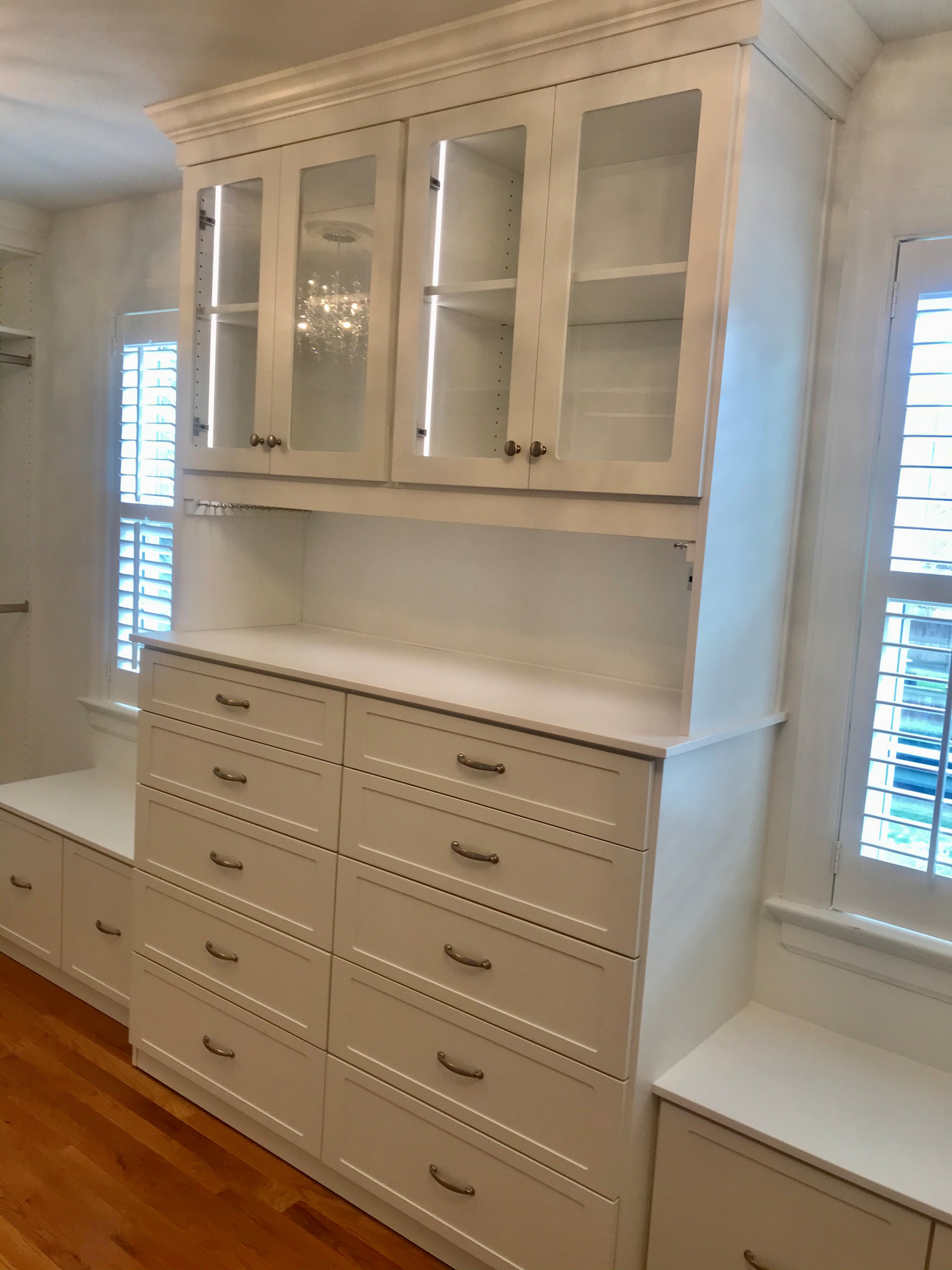Lighted White Dressing Room with Chandeliers