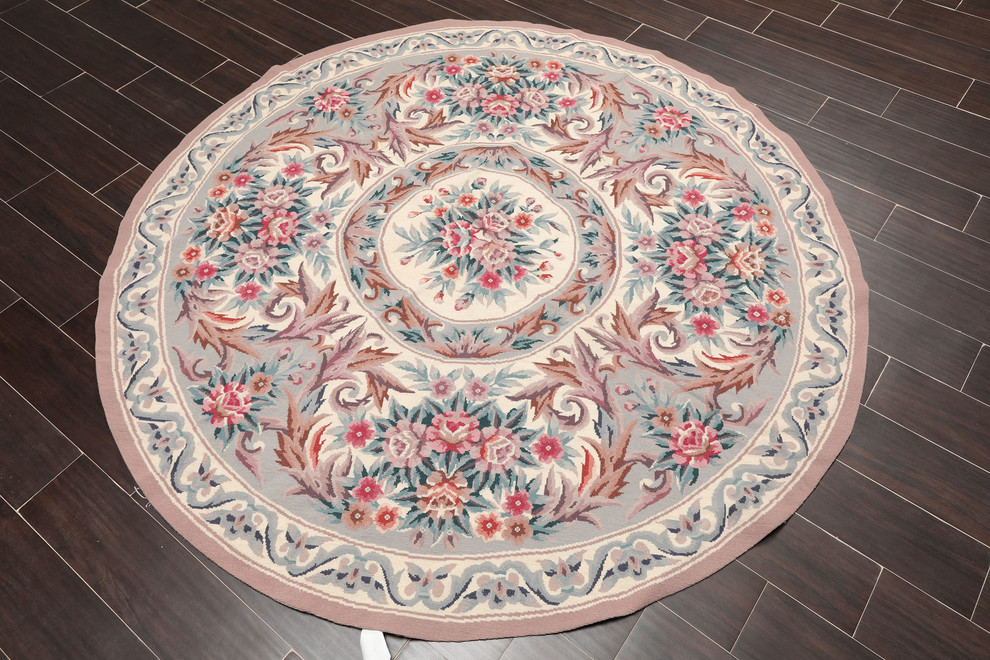 Cream Grey Color French Aubusson Needlepoint Rug, 6'x6' Traditional