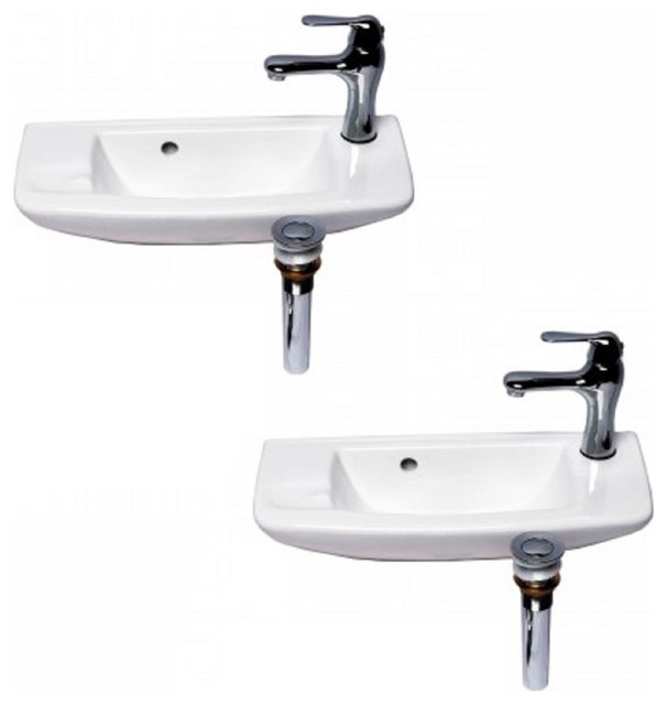 Small Wall Mount White Vessel Sink With Chrome Drain Faucet Overflow Set Of 2