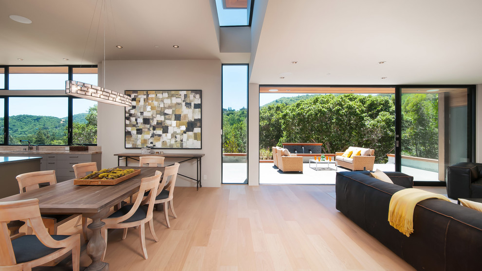 Inspiration for a contemporary light wood floor great room remodel in San Francisco with white walls