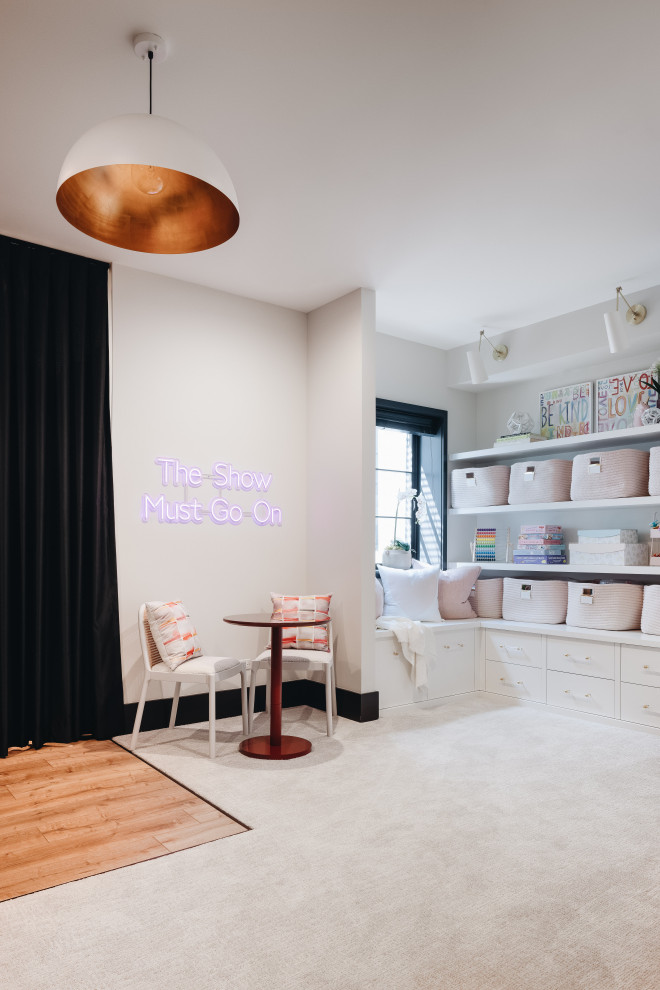 Inspiration for a large contemporary kids' playroom for kids 4-10 years old and girls in Chicago with white walls, carpet and white floor.