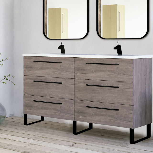 48" Modern Double Bathroom Vanity Set, Dakota Gray Oak Wood, With Sink
