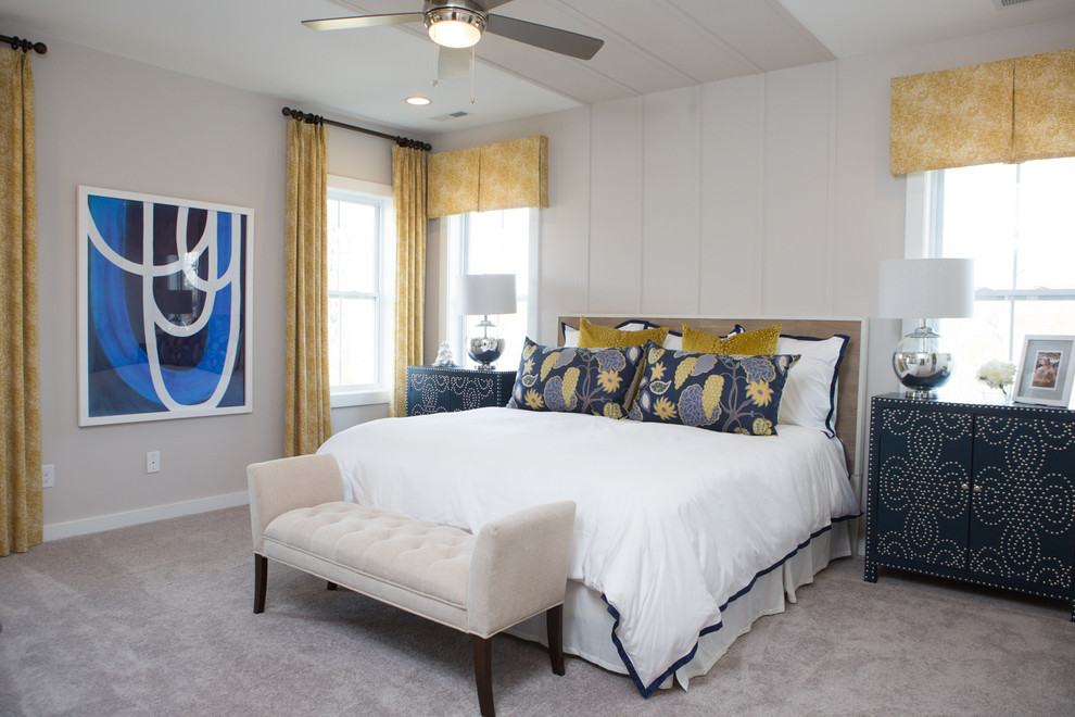 Inspiration for a transitional master bedroom in Raleigh with beige walls, carpet and no fireplace.