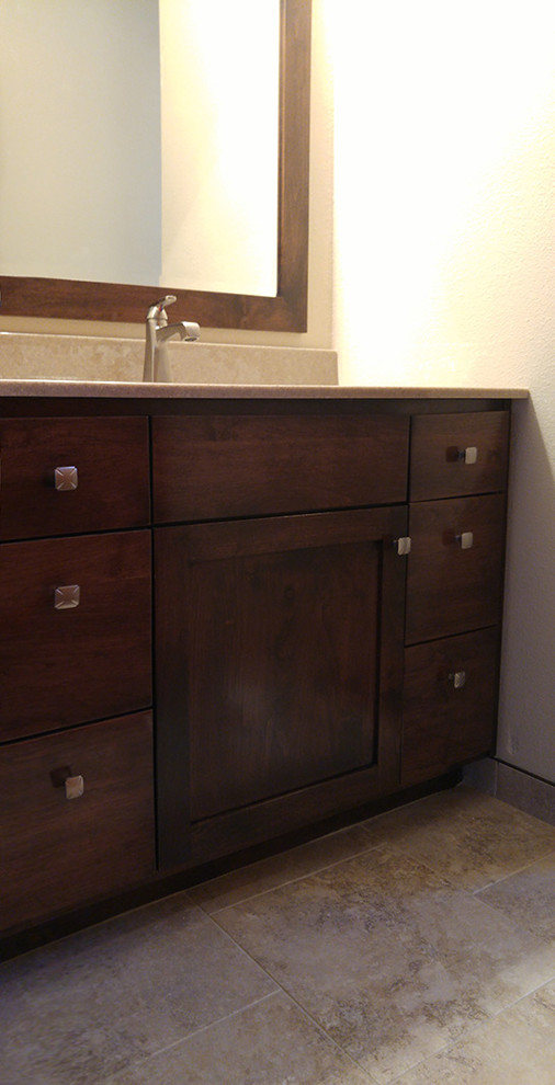 Mid-sized transitional 3/4 beige tile and ceramic tile ceramic tile alcove bathtub photo with shaker cabinets, dark wood cabinets, white walls, quartz countertops, a two-piece toilet and an integrated sink