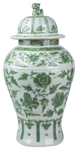 Celadon Green Carved Floral Porcelain Temple Jar Lion Lid 22"