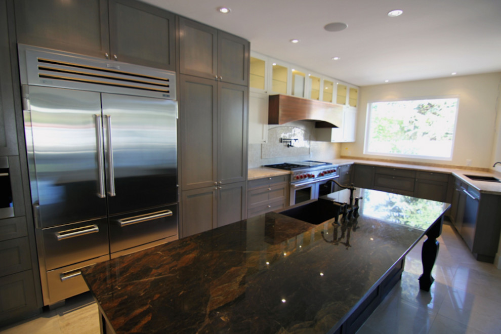 Large transitional u-shaped marble floor kitchen photo in Calgary with shaker cabinets, gray cabinets, an undermount sink, stainless steel appliances and an island