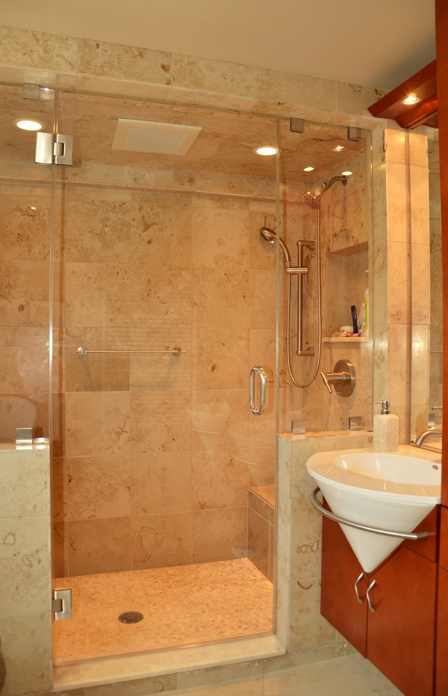 This is an example of a mid-sized traditional master bathroom in Boston with an open shower.