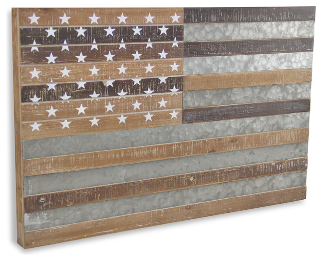 Small Wood Us Flag With Metal Strip Accent