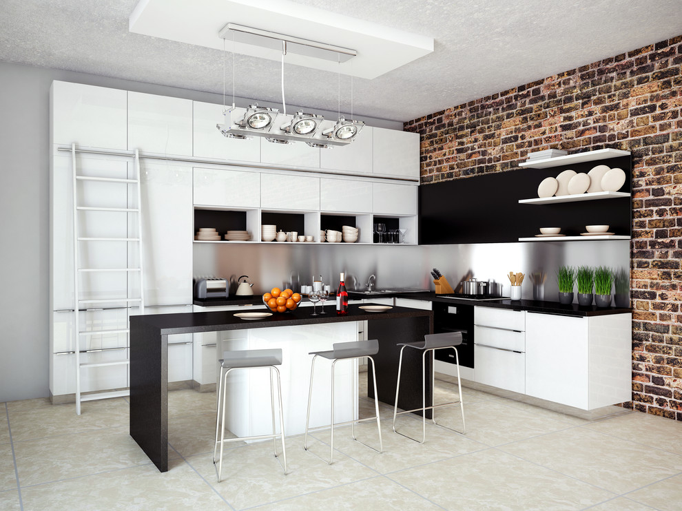 Photo of a mid-sized industrial galley eat-in kitchen in Moscow with an undermount sink, flat-panel cabinets, white cabinets, quartzite benchtops, metallic splashback, mirror splashback, black appliances, light hardwood floors, with island and grey floor.
