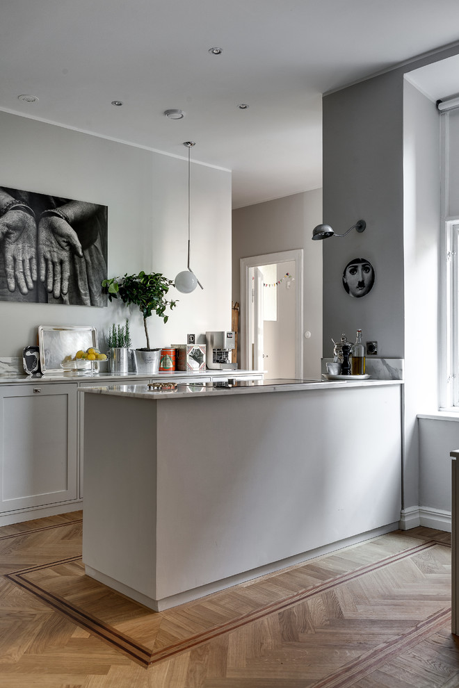 Mid-sized scandinavian galley kitchen in Stockholm with recessed-panel cabinets, grey cabinets, marble benchtops, medium hardwood floors and no island.