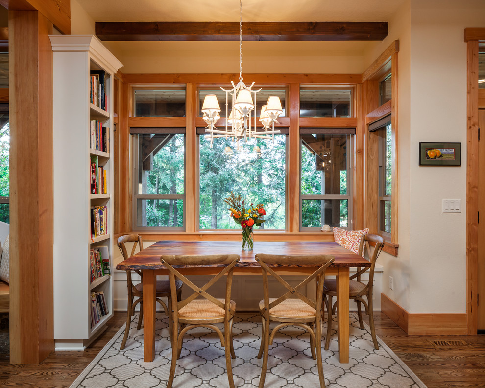Photo of a country dining room in Portland with white walls and medium hardwood floors.