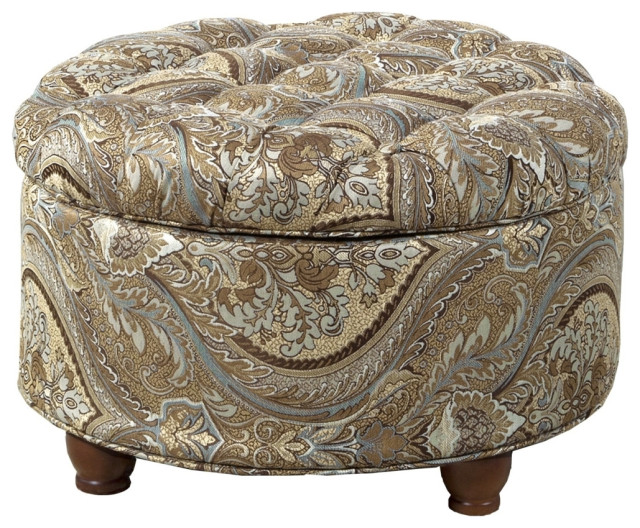 Paisley Patterned Fabric Upholstered Wooden Ottoman With Hidden Storage