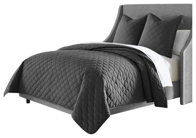 Aico Michael Amini Mckenna 3 Piece Queen Coverlet Duvet Set Charcoal