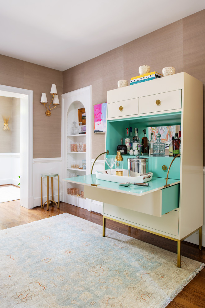 Inspiration for a transitional single-wall bar cart in Richmond with flat-panel cabinets, white cabinets, green splashback, medium hardwood floors, brown floor and turquoise benchtop.