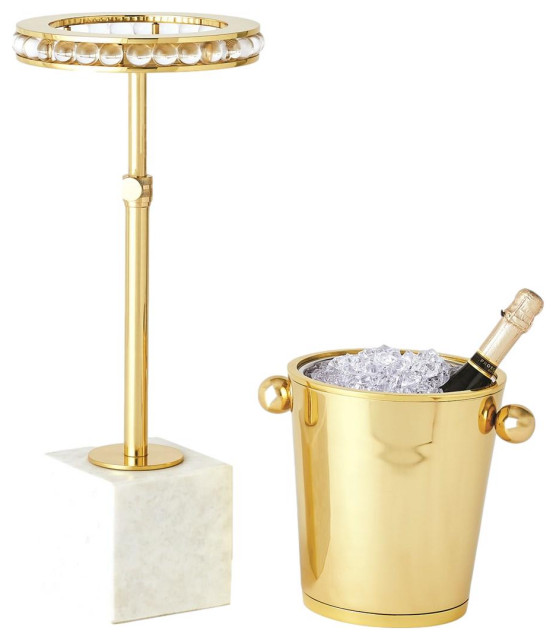 Luxe Hollywood Regency Wine Bucket Table, Gold/White, 2Piece Set