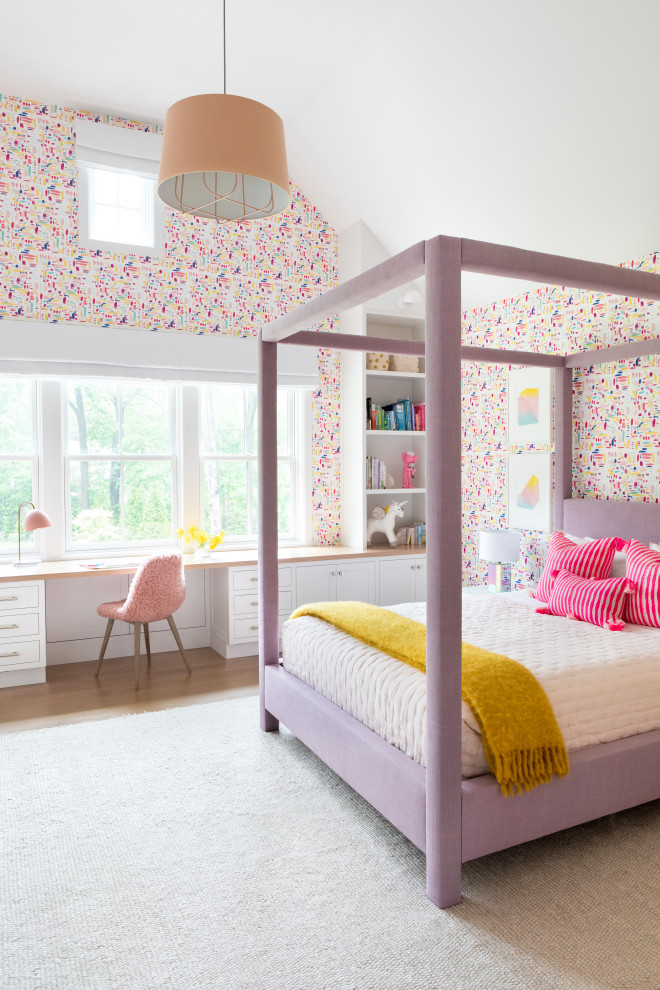 Inspiration for a medium sized traditional kids' bedroom for girls in New York with multi-coloured walls, light hardwood flooring, brown floors, a timber clad ceiling and wallpapered walls.