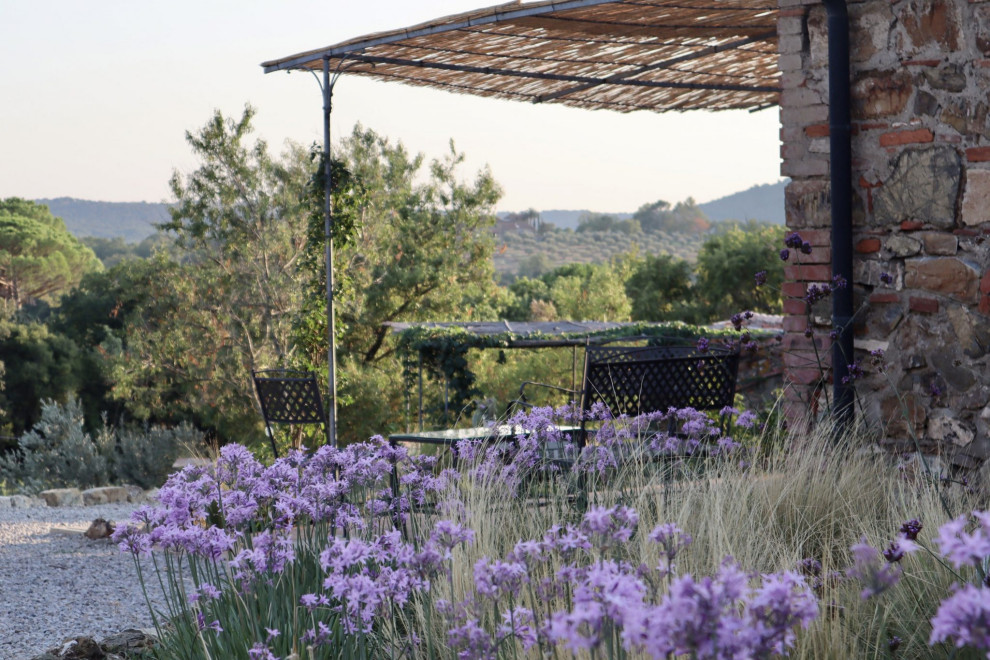 Großer Mediterraner Vorgarten im Frühling mit direkter Sonneneinstrahlung und Blumenbeet in Sonstige