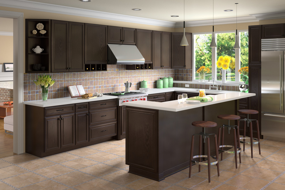 Inspiration for a mid-sized transitional l-shaped ceramic tile and beige floor eat-in kitchen remodel with raised-panel cabinets, dark wood cabinets, multicolored backsplash, ceramic backsplash, stainless steel appliances, an island, an undermount sink and solid surface countertops