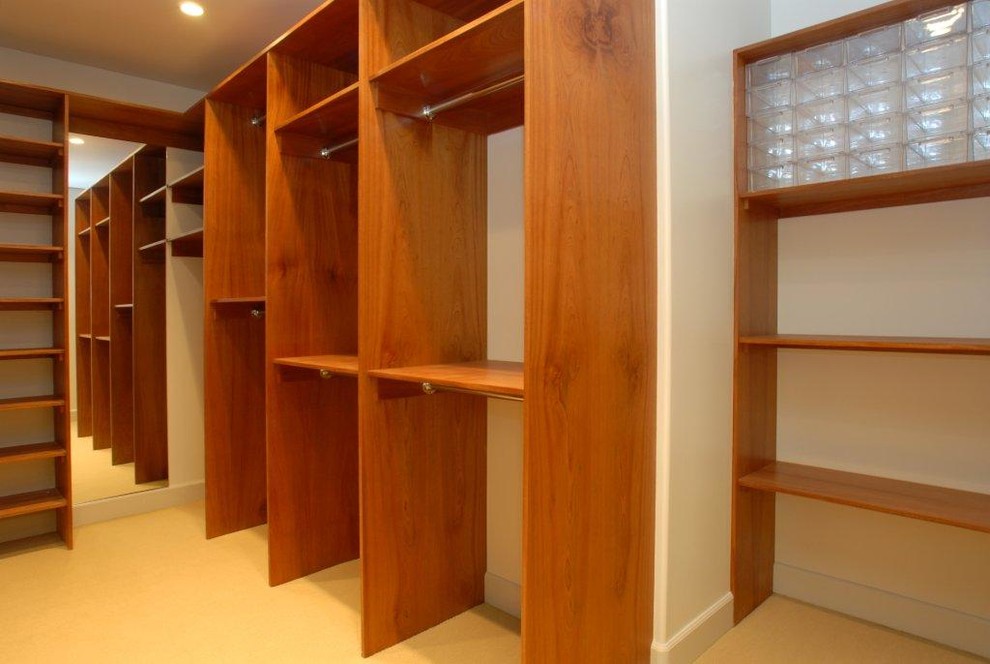 Inspiration for a large contemporary gender-neutral walk-in wardrobe in San Diego with open cabinets, medium wood cabinets, carpet and beige floor.