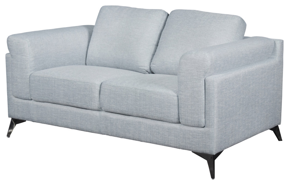 Fabric Upholstered Wooden Loveseat With Flared Arms And Metal Feet