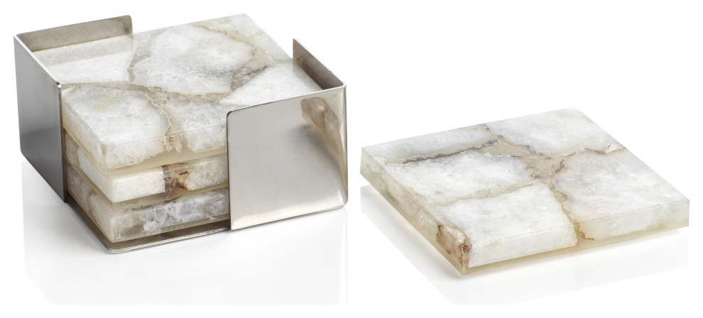 Corfu 4-Piece Set Agate Coasters on Metal Tray, Taupe-White