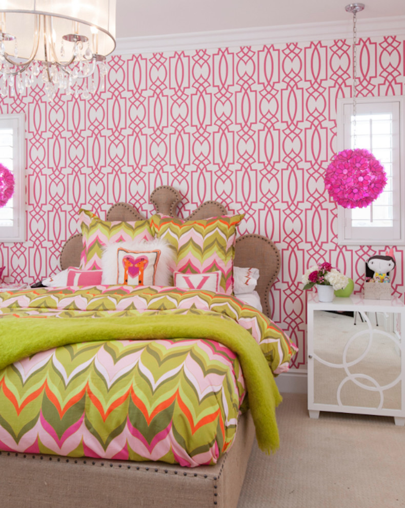 Photo of an eclectic kids' room for girls in Orange County with pink walls, carpet and beige floor.