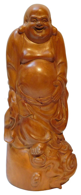 Chinese Hand Carved Stand Happy Buddha Budai Luohan Statue On Cloud ...