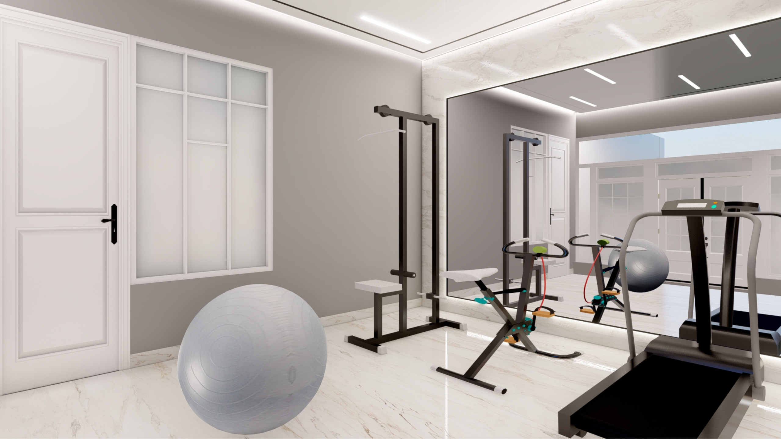 Elegant Grey and White Home Gym Design in Cobham