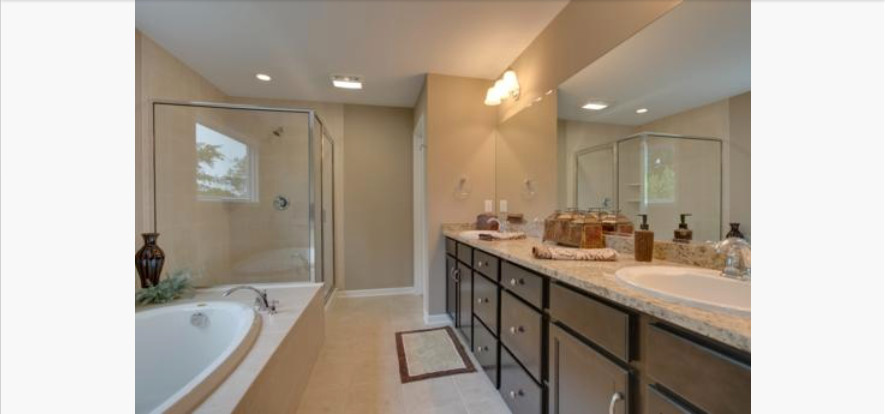 Inspiration for a large contemporary master bathroom in New York with a drop-in sink, dark wood cabinets, granite benchtops, an undermount tub, a corner shower, multi-coloured tile, ceramic tile, beige walls and ceramic floors.