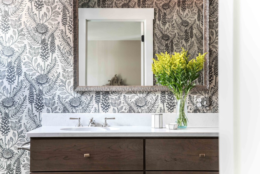 Inspiration for a mid-sized eclectic master bathroom in Portland Maine with flat-panel cabinets, dark wood cabinets, an integrated sink, quartzite benchtops and white benchtops.