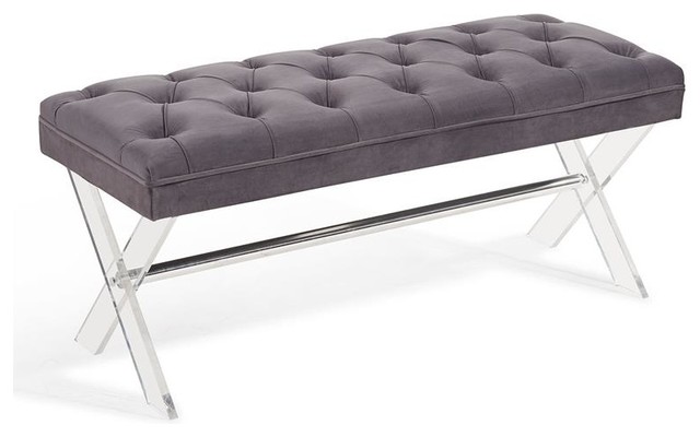 Joanna Ottoman Bench Gray Tufted Velvet With Crystal Buttons