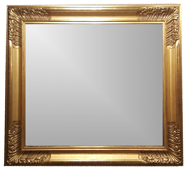 Beveled Mirror Framed In Closed Corner Gold Scroll Frame