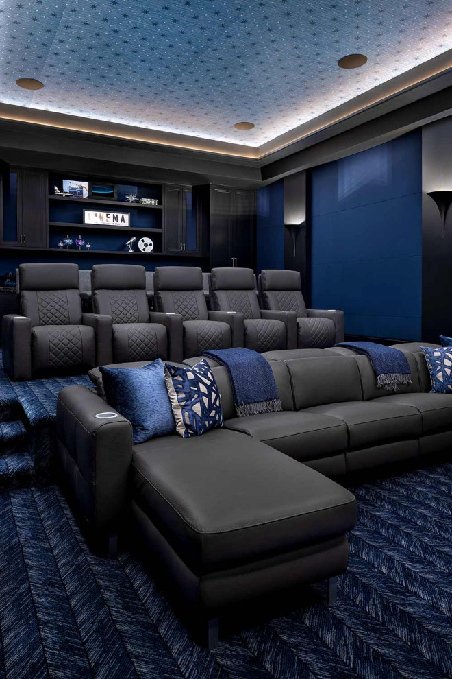 Example of a transitional home theater design in Austin