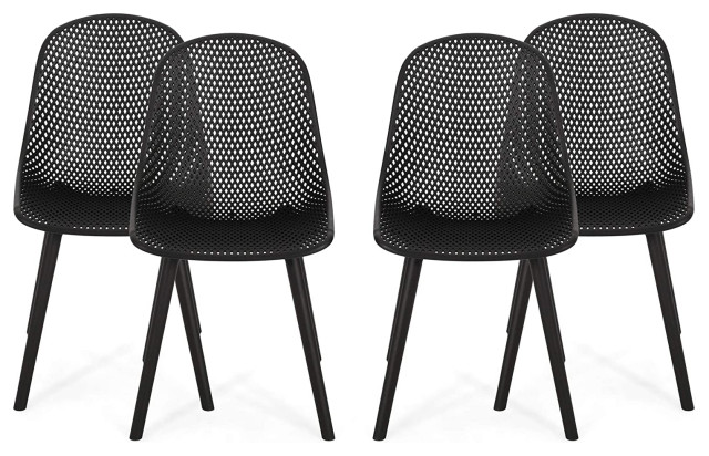 Set of 4 Outdoor Dining Chair, Angled Legs With Armless Mesh Seat, Black Finish