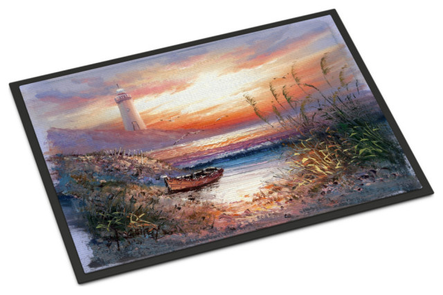 Lighthouse Scene With Boat Indoor Or Outdoor Mat 24X36 Aph4130Jmat, 24"x36"
