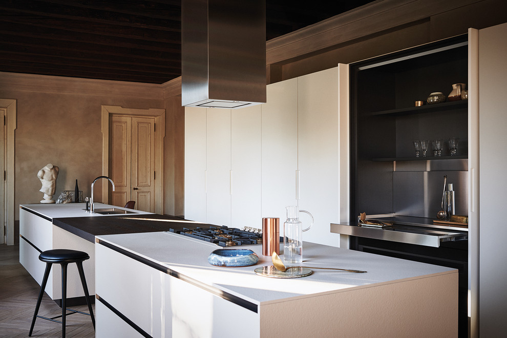 Design ideas for a modern galley kitchen in Venice with a double-bowl sink, flat-panel cabinets, white cabinets and with island.