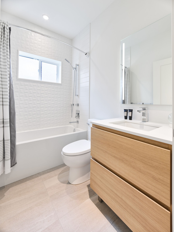Inspiration for a small modern bathroom in Vancouver with flat-panel cabinets, light wood cabinets, a built-in bath, a shower/bath combination, a two-piece toilet, white tiles, ceramic tiles, white walls, light hardwood flooring, a submerged sink, quartz worktops, yellow floors, a shower curtain, white worktops, a single sink and a floating vanity unit.