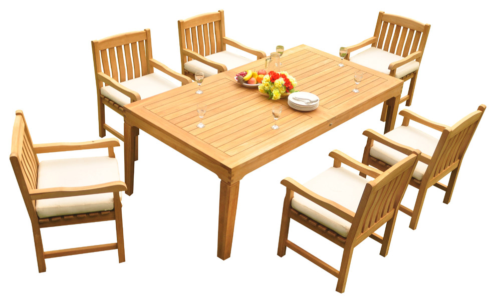 7Piece Outdoor Teak Dining Set, 86" Rectangle Table, 6 Devon Arm