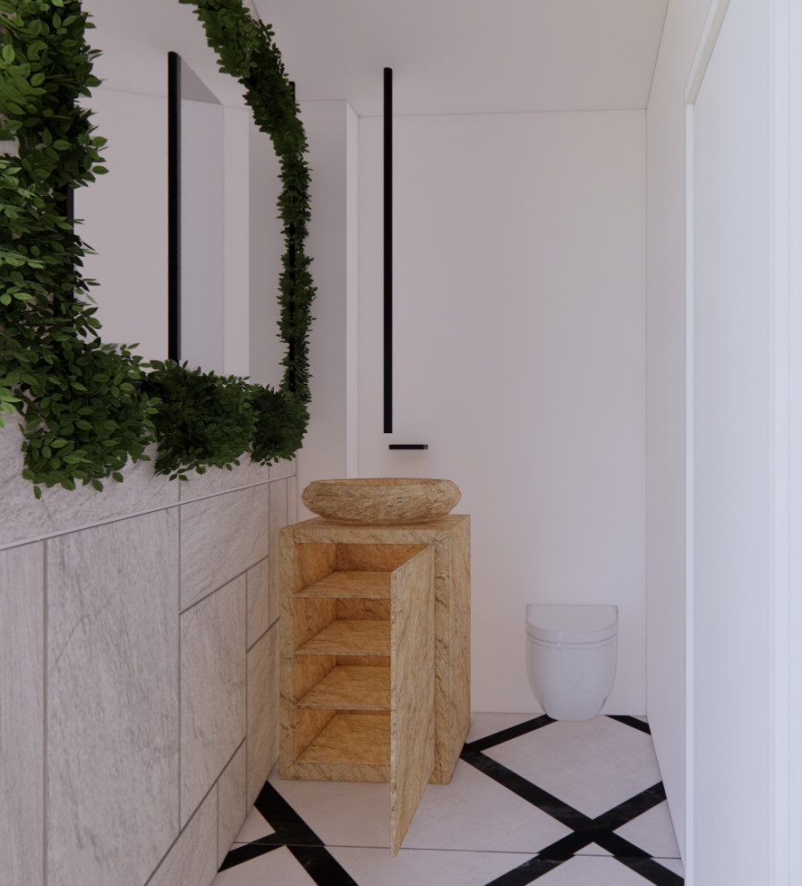 Aseo?[Imagen de aseo With sanitario de pared, baldosas y/o azulejos de travertino, lavabo con pedestal and suelo de baldosas de cerámica ]:[Imagen de aseos With sanitario de pared, baldosas y/o azulejos de travertino, lavabo con pedestal and suelo de baldosas de cerámica ]