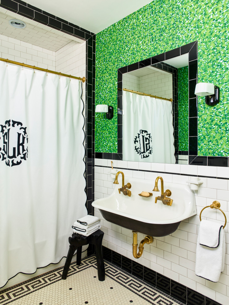 Larchmont Victorian - A darling Victorian bath shared by two little girls. The Oscar de la Renta wallpaper adds a colorful zing to black and white tiles. Kohler sink and faucets.