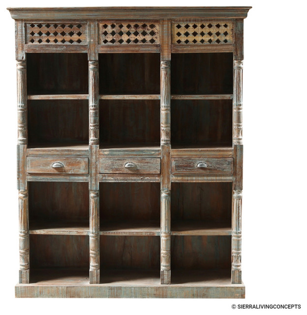 Antique Distressed Solid Wood 3 Drawer Bookcase Rustic Bookcases