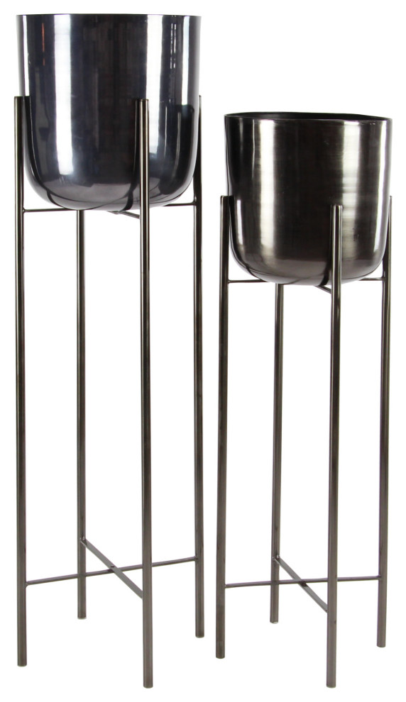 Large Modern Metallic Black Metal Planters With Stands, Set Of 2 Contemporary Outdoor Pots