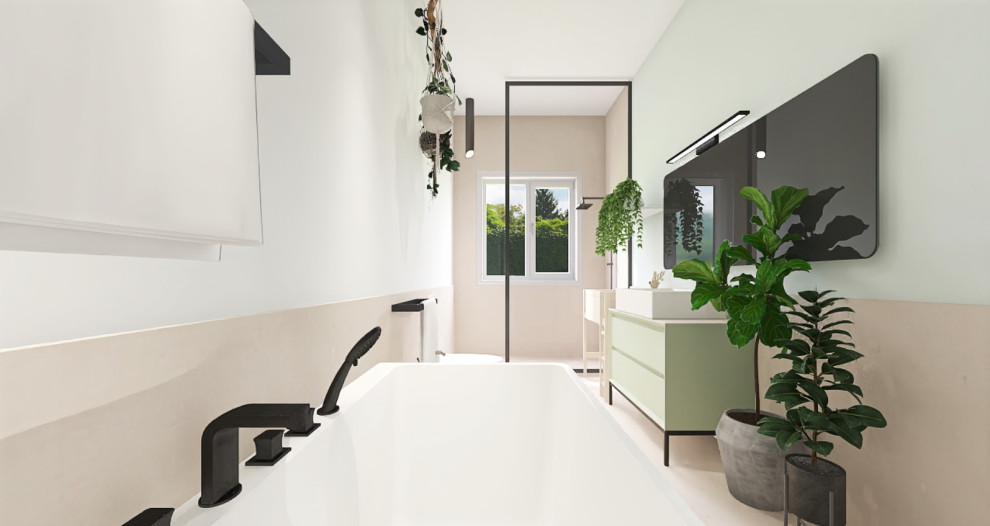 Стильный дизайн: узкая и длинная главная ванная комната среднего размера в стиле лофт с зелеными фасадами, открытым душем, тумбой под одну раковину и напольной тумбой - последний тренд