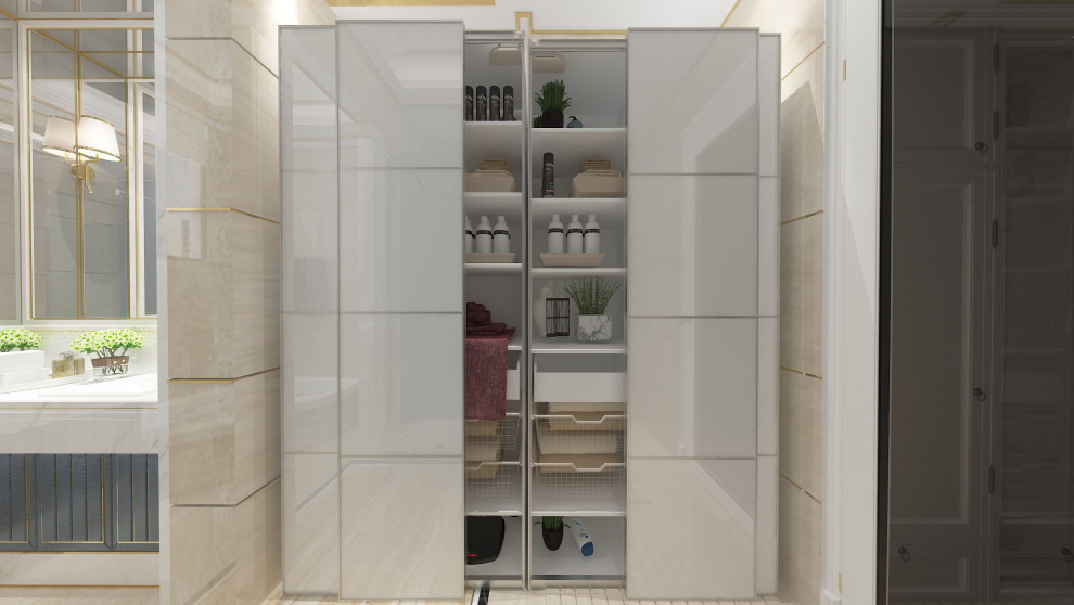 Design ideas for a large arts and crafts gender-neutral walk-in wardrobe in Other with beaded inset cabinets, light wood cabinets, porcelain floors, beige floor and coffered.
