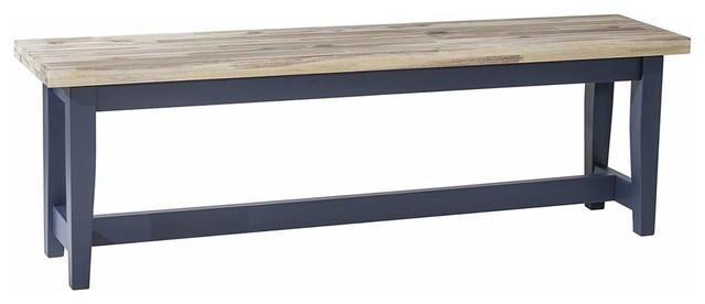 Traditional Dining Bench, Solid Wood With Navy Blue Finished Legs, Limed Seat
